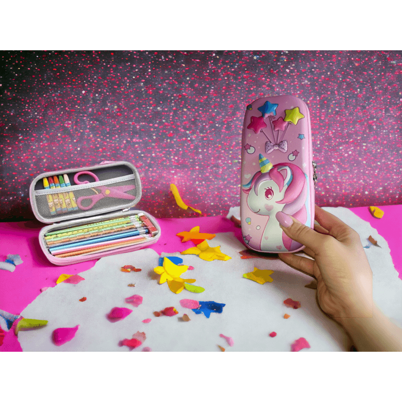 Carti si Birotica - Rechizite - Penare - Penar cu imagini 3D, doua compartimente, incapator, inchidere cu fermoar, material EVA, model unicorn cu stelute, roz - Infinity.ro