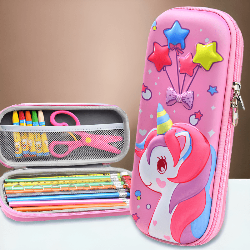 Carti si Birotica - Rechizite - Penare - Penar cu imagini 3D, doua compartimente, incapator, inchidere cu fermoar, material EVA, model unicorn cu stelute, roz - Infinity.ro