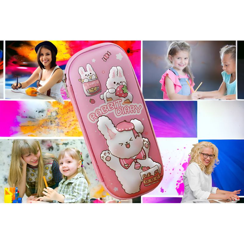 Carti si Birotica - Rechizite - Penare - Penar cu imagini 3D, doua compartimente, incapator, inchidere cu fermoar, material EVA, model iepuras cu capsuni, roz - Infinity.ro