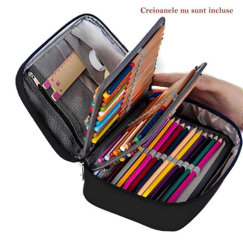 Carti si Birotica - Rechizite - Penare - Penar tip geanta cu 4 compartimente, incapator, capacitate 72 accesorii, culoare negru, dimensiuni 22,5*15*6,5 cm - Infinity.ro