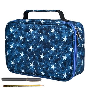 Penar tip geanta cu 4 compartimente, incapator, capacitate 72 accesorii, cu stelute, albastru, dimensiuni 22,5*15*6,5 cm