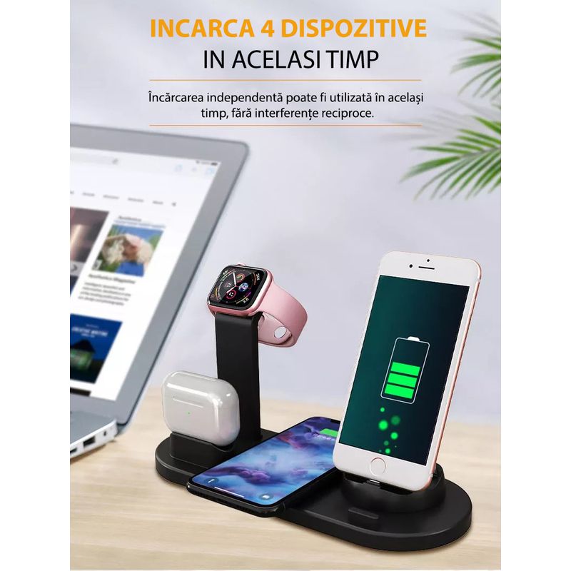 Laptop, Telefoane si Tablete - Telefoane mobile si accesorii - Accesorii Telefoane - Incarcatoare telefoane - Incarcator wireless 4 in 1, compatibil cu toate seriile Apple & Android, incarcare rapida 10 W, ABS, negru - Infinity.ro