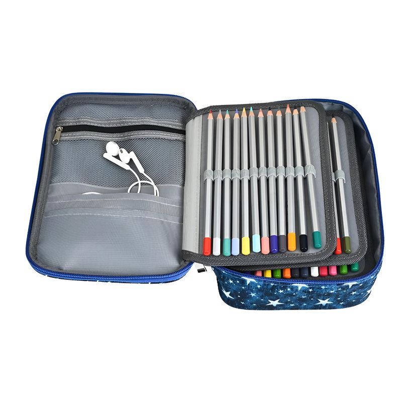 Carti si Birotica - Rechizite - Penare - Penar tip geanta cu 4 compartimente, incapator, capacitate 72 accesorii, cu stelute, albastru, dimensiuni 22,5*15*6,5 cm - Infinity.ro