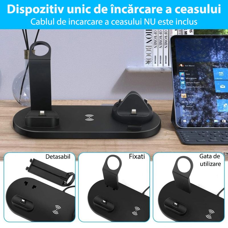 Laptop, Telefoane si Tablete - Telefoane mobile si accesorii - Accesorii Telefoane - Incarcatoare telefoane - Incarcator wireless 4 in 1, compatibil cu toate seriile Apple & Android, incarcare rapida 10 W, ABS, negru - Infinity.ro