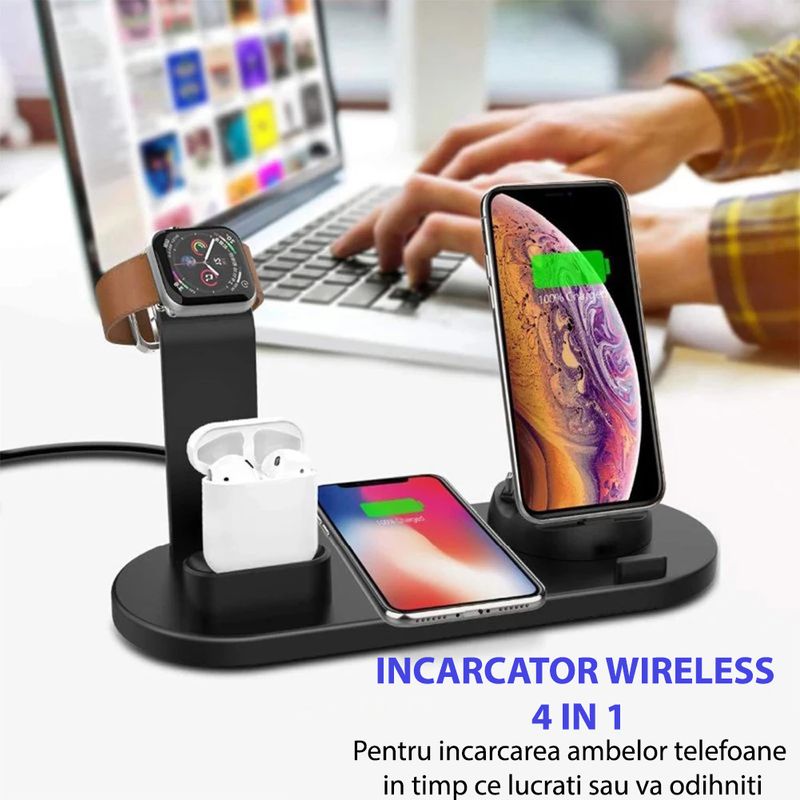 Laptop, Telefoane si Tablete - Telefoane mobile si accesorii - Accesorii Telefoane - Incarcatoare telefoane - Incarcator wireless 4 in 1, compatibil cu toate seriile Apple & Android, incarcare rapida 10 W, ABS, negru - Infinity.ro