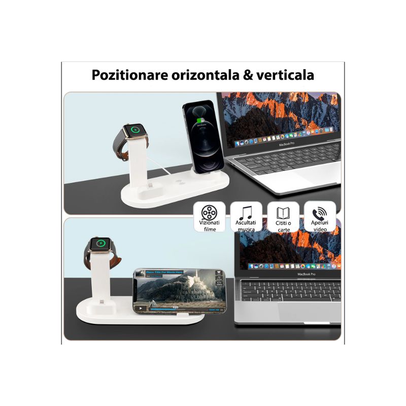Laptop, Telefoane si Tablete - Telefoane mobile si accesorii - Accesorii Telefoane - Incarcatoare telefoane - Incarcator wireless 3 in 1, statie de incarcare rapida 10 W, pentru Apple iWatch, iPhone, Samsung Galaxy, argintiu - Infinity.ro