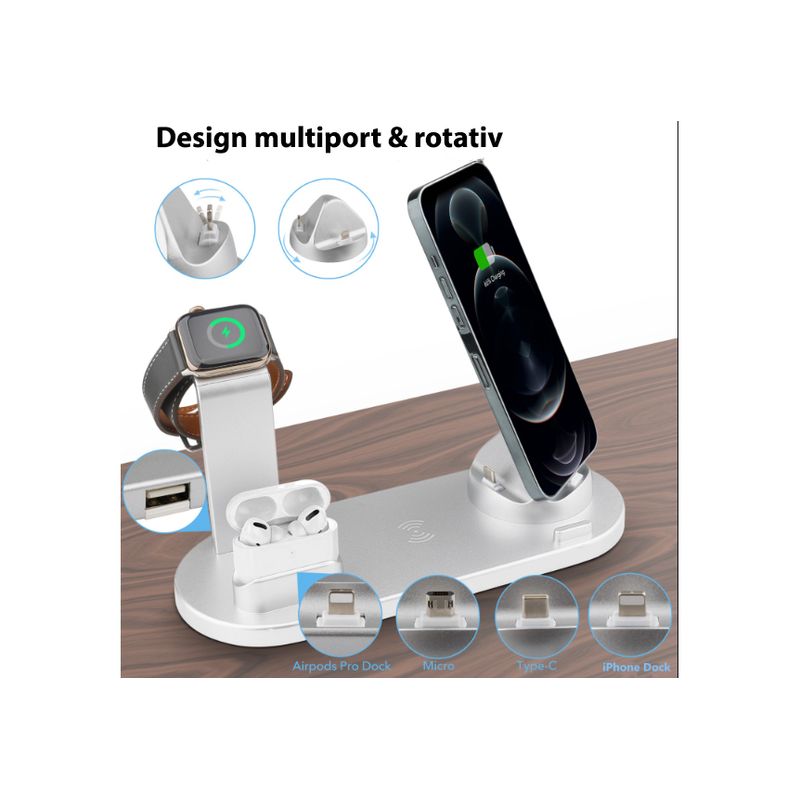Laptop, Telefoane si Tablete - Telefoane mobile si accesorii - Accesorii Telefoane - Incarcatoare telefoane - Incarcator wireless 3 in 1, statie de incarcare rapida 10 W, pentru Apple iWatch, iPhone, Samsung Galaxy, argintiu - Infinity.ro