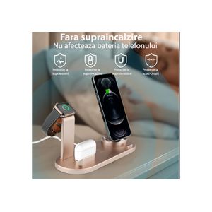 Incarcator wireless 3 in 1, statie de incarcare rapida 10 W pentru Apple iWatch, AirPods Pro, Samsung Galaxy, roz