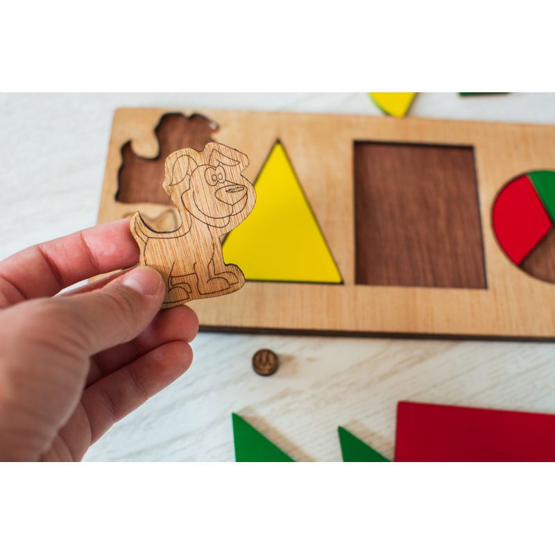 Jucarii, Copii si Bebe - Jucarii si jocuri - Jucarii & jocuri educative - Jocuri si jucarii educative - Puzzle din lemn Personalizabil HandyHands - Forme Geometrice catel si pisica - 30 L x 9 H (cm) - Infinity.ro