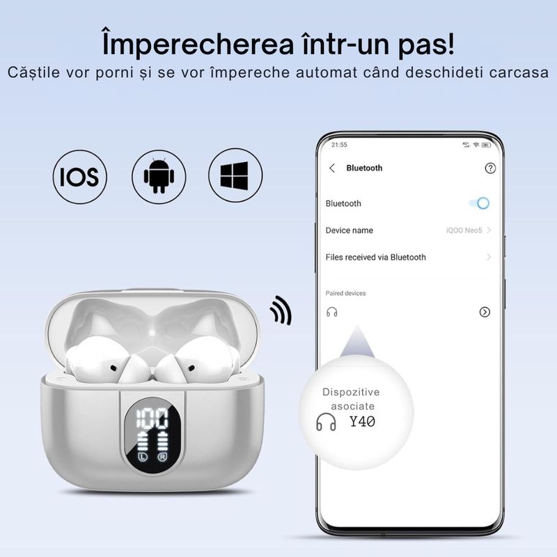 TV, Audio-Video si Foto - Portabile audio - Casti audio - Casti wireless DolphinMC®, Bluetooth 5.3, fara fir,Reducere dubla a zgomotului ENC+ANC Afisare LED, Autonomie 25 h,Negru - Infinity.ro