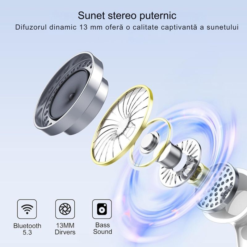TV, Audio-Video si Foto - Portabile audio - Casti audio - Casti wireless DolphinMC®, Bluetooth 5.3, fara fir, Reducere dubla a zgomotului ENC+ANC Afisare LED, Autonomie 25 h, Alb - Infinity.ro