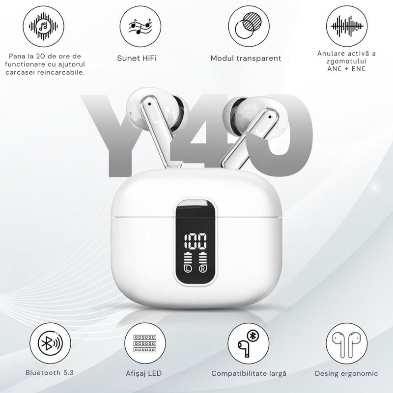 TV, Audio-Video si Foto - Portabile audio - Casti audio - Casti wireless DolphinMC®, Bluetooth 5.3, fara fir, Reducere dubla a zgomotului ENC+ANC Afisare LED, Autonomie 25 h, Alb - Infinity.ro