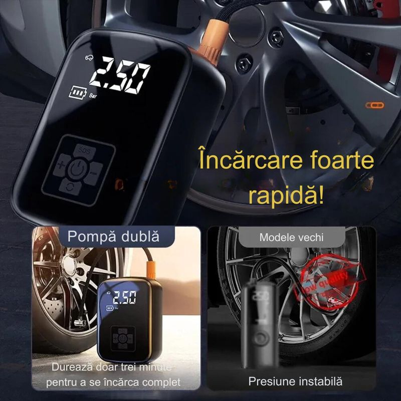 Auto si Moto - Reparatii si depanare - Compresoare auto - Compresor Auto portabil by DolphinMC®, 12V, Wireless, display digital, Lanterna incorporate, maxim 10 bar 1800 mAh,Negru - Infinity.ro
