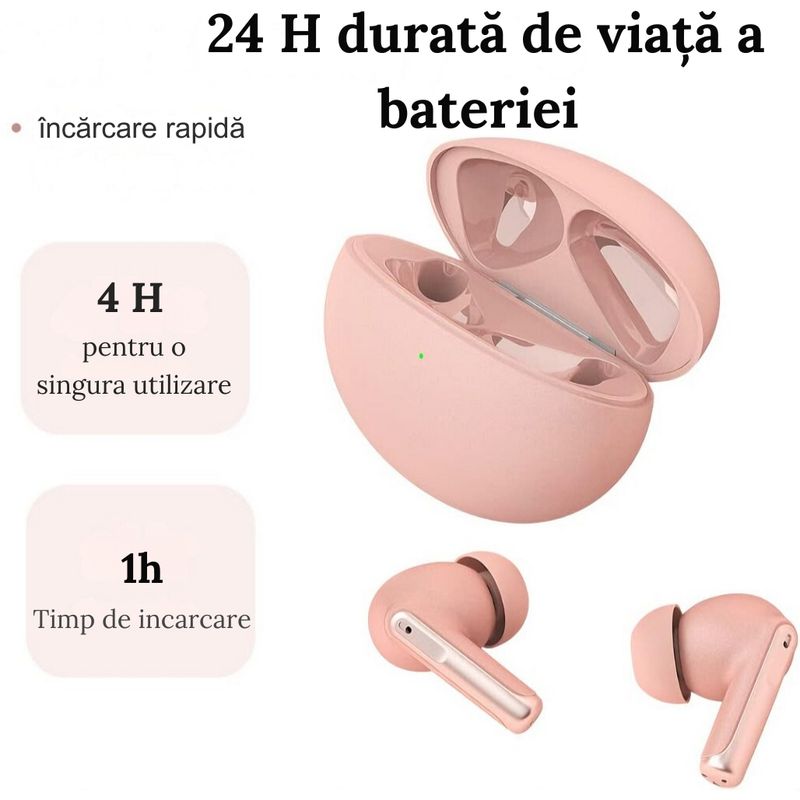 TV, Audio-Video si Foto - Portabile audio - Casti audio - Casti wireless, DolphinMC®,Bluetooth 5.3,  Reducere dubla a zgomotului, Incarcare wireless,  Autonomie 24 h, Roz - Infinity.ro