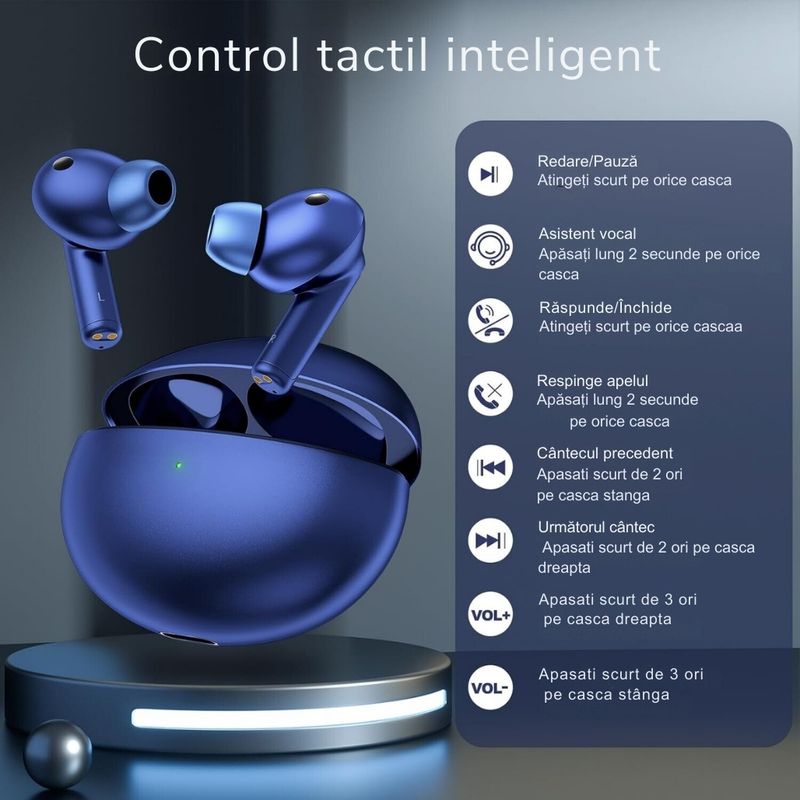 TV, Audio-Video si Foto - Portabile audio - Casti audio - Casti wireless, DolphinMC®,Bluetooth 5.3,  Reducere dubla a zgomotului, Incarcare wireless,  Autonomie 24 h, Albastru - Infinity.ro