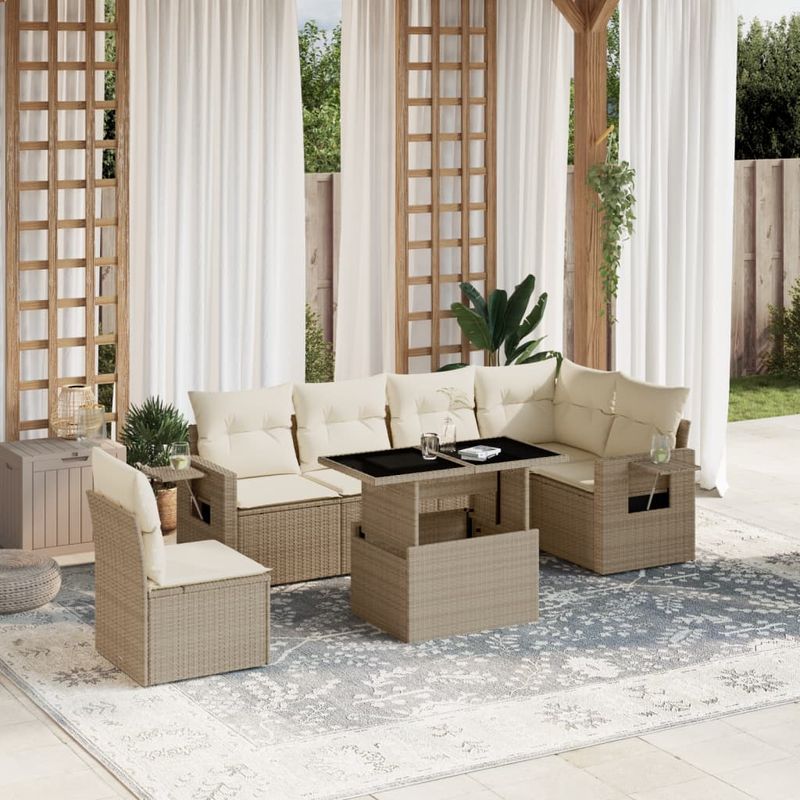 Casa si Gradina - Gradina si terasa - Mobilier exterior - Seturi mobila gradina - Set canapele de gradina, 7 piese, cu perne, bej, poliratan - Infinity.ro