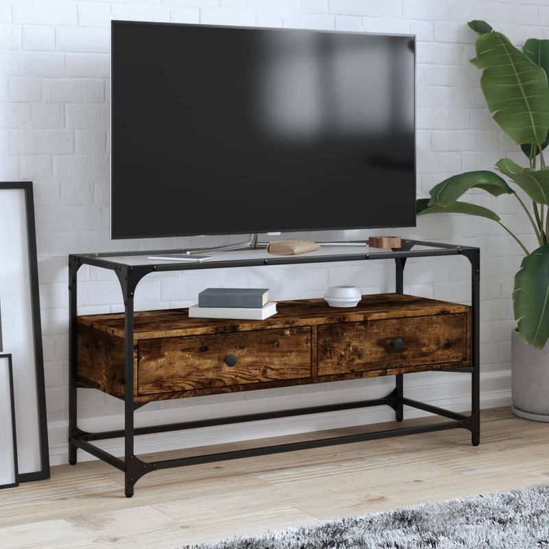 Casa si Gradina - Mobilier - Comode si corpuri - Comode - Dulap TV blat sticla stejar fumuriu 98x35x51 cm lemn prelucrat - Infinity.ro
