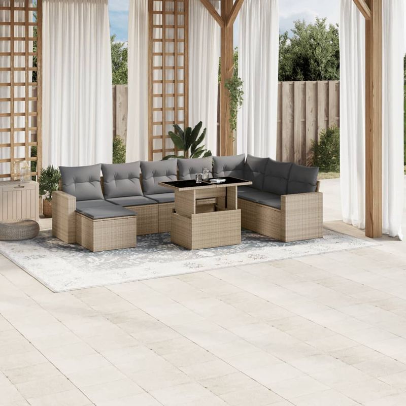 Casa si Gradina - Gradina si terasa - Mobilier exterior - Seturi mobila gradina - Set canapele de gradina, 9 piese, cu perne, bej, poliratan - Infinity.ro