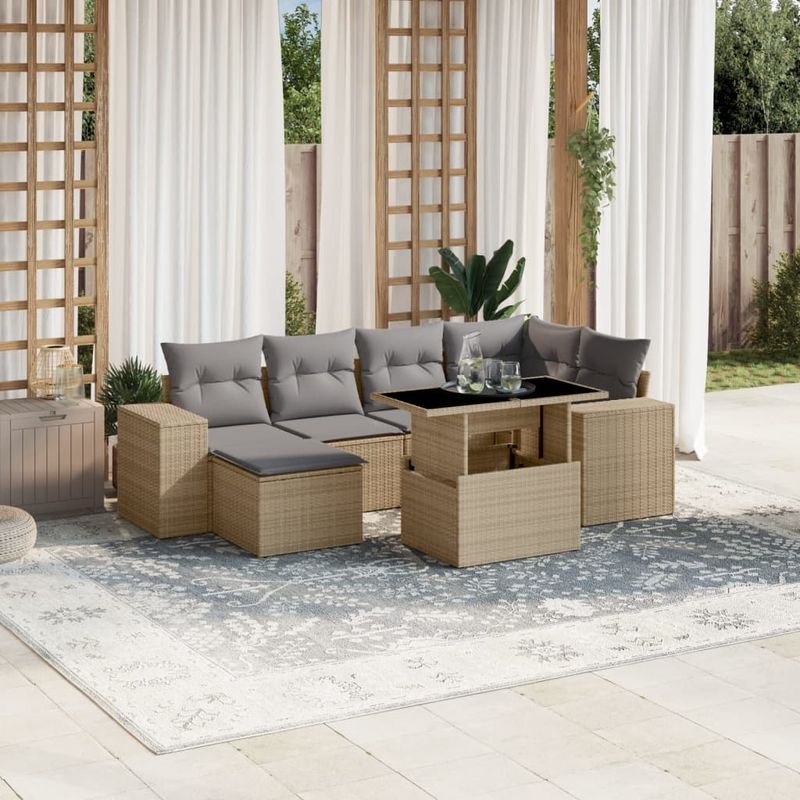 Casa si Gradina - Gradina si terasa - Mobilier exterior - Seturi mobila gradina - Set canapele de gradina, 7 piese, cu perne, bej, poliratan - Infinity.ro
