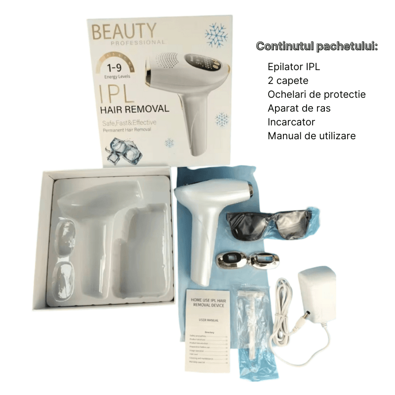 Ingrijire personala si Cosmetice - Aparate & accesorii ingrijire personala - Epilatoare si accesorii - Epilatoare - Epilator IPL MaGeCa, 9 trepte de intensitate, 999.999 impulsuri, 3 moduri de actionare, 2 capete incluse - Infinity.ro