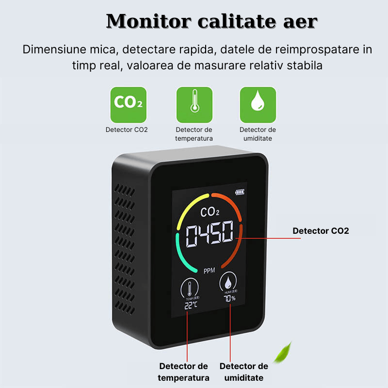 Casa si Gradina - Constructii - Scule electrice si accesorii - Aparate de masura - Aparat pentru masurarea calitatii aerului 3 in 1, detector CO2-dioxid de carbon, senzor temperatura si umiditate, Negru - Infinity.ro