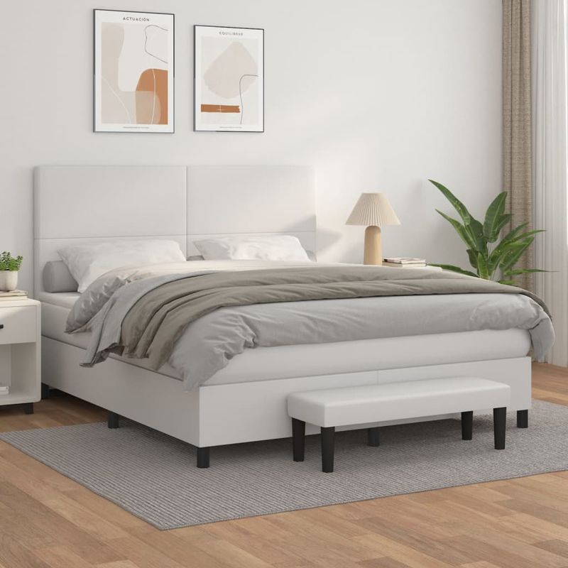 Casa si Gradina - Mobilier - Paturi si accesorii - Paturi - Pat box spring cu saltea, alb, 160x200 cm, piele ecologica - Infinity.ro