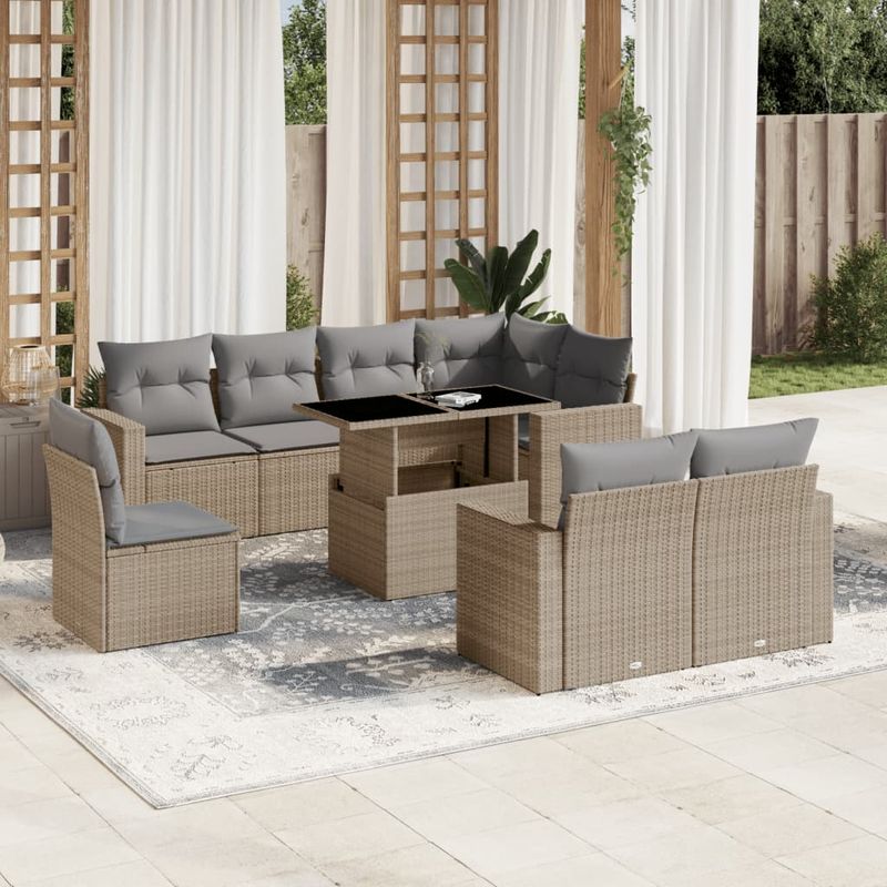 Casa si Gradina - Gradina si terasa - Mobilier exterior - Seturi mobila gradina - Set canapele de gradina, 9 piese, cu perne, bej, poliratan - Infinity.ro