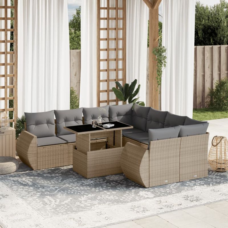 Casa si Gradina - Gradina si terasa - Mobilier exterior - Seturi mobila gradina - Set canapele de gradina, 9 piese, cu perne, bej, poliratan - Infinity.ro