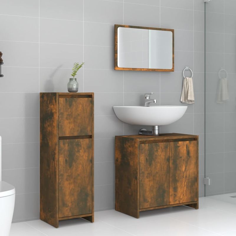 Casa si Gradina - Mobilier - Seturi de mobilier - Seturi baie - Set mobilier de baie, 3 piese, stejar fumuriu, lemn prelucrat - Infinity.ro