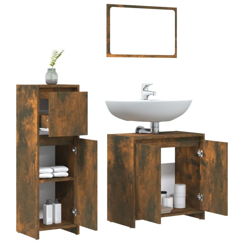 Casa si Gradina - Mobilier - Seturi de mobilier - Seturi baie - Set mobilier de baie, 3 piese, stejar fumuriu, lemn prelucrat - Infinity.ro