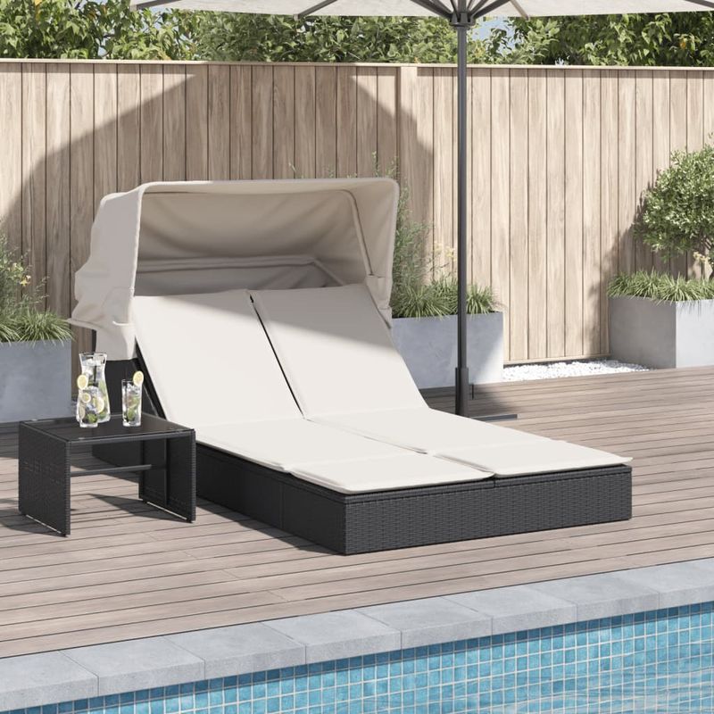 Casa si Gradina - Gradina si terasa - Mobilier exterior - Scaune si sezlonguri gradina - Sezlong dublu cu baldachin si perne, negru, poliratan - Infinity.ro