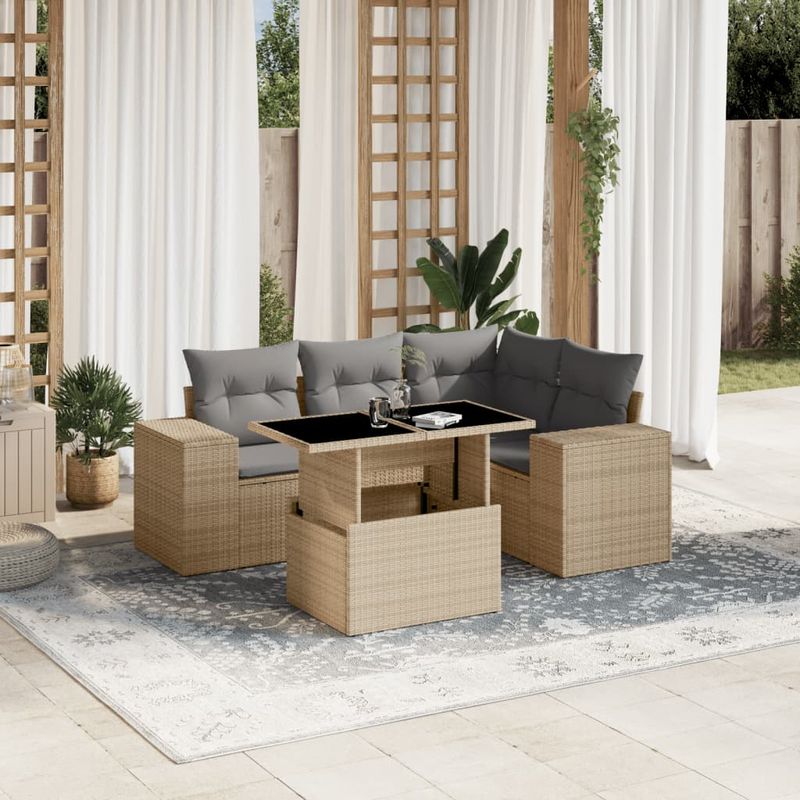 Casa si Gradina - Gradina si terasa - Mobilier exterior - Seturi mobila gradina - Set canapele de gradina cu perne, 5 piese, bej, poliratan - Infinity.ro