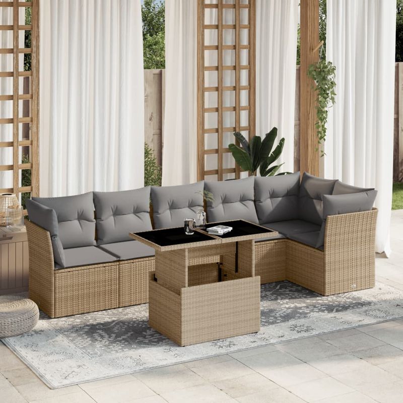 Casa si Gradina - Gradina si terasa - Mobilier exterior - Seturi mobila gradina - Set canapele de gradina, 7 piese, cu perne, bej, poliratan - Infinity.ro