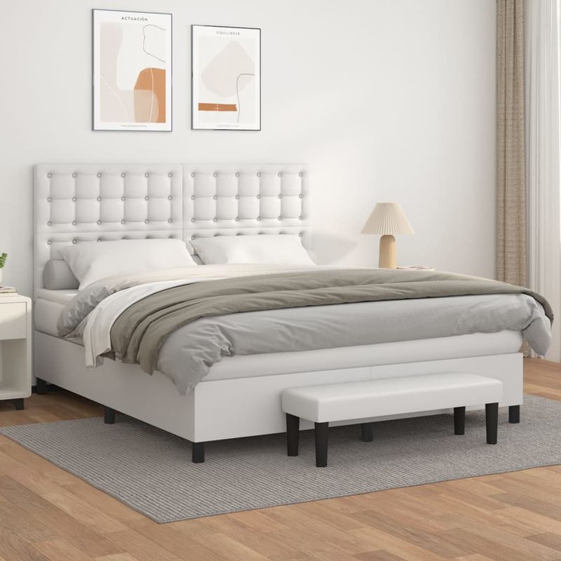 Casa si Gradina - Mobilier - Paturi si accesorii - Paturi - Pat box spring cu saltea, alb, 180x200 cm, piele ecologica - Infinity.ro