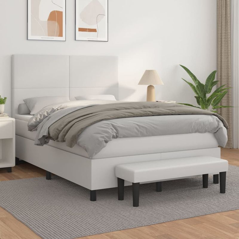 Casa si Gradina - Mobilier - Paturi si accesorii - Paturi - Pat box spring cu saltea, alb, 140x190 cm, piele ecologica - Infinity.ro