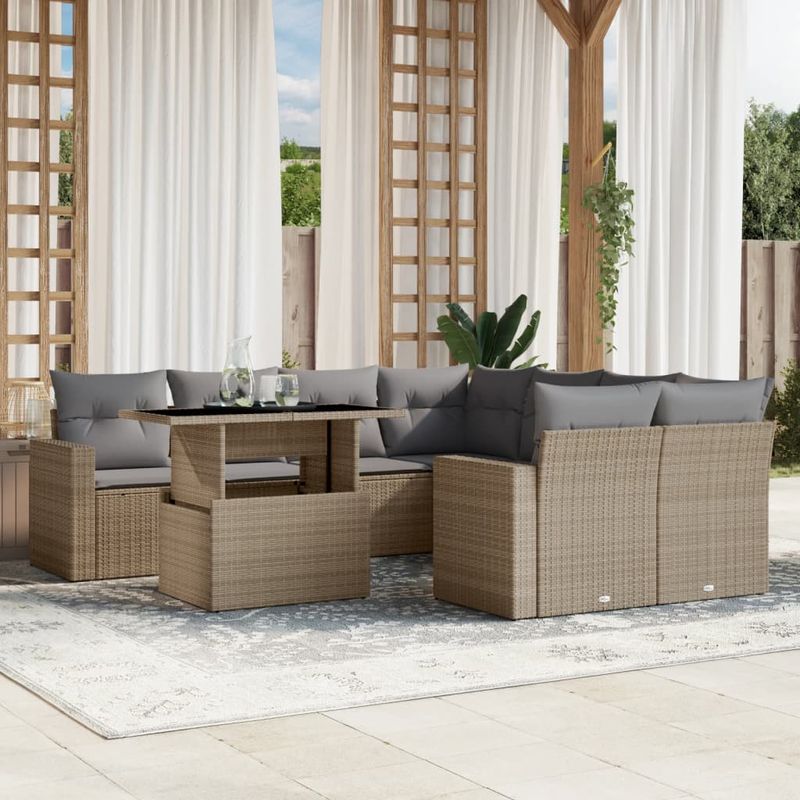 Casa si Gradina - Gradina si terasa - Mobilier exterior - Seturi mobila gradina - Set canapele de gradina, 9 piese, cu perne, bej, poliratan - Infinity.ro