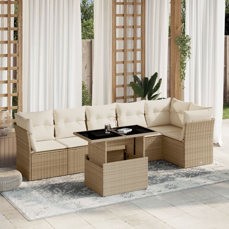 Casa si Gradina - Gradina si terasa - Mobilier exterior - Seturi mobila gradina - Set canapele de gradina, 7 piese, cu perne, bej, poliratan - Infinity.ro