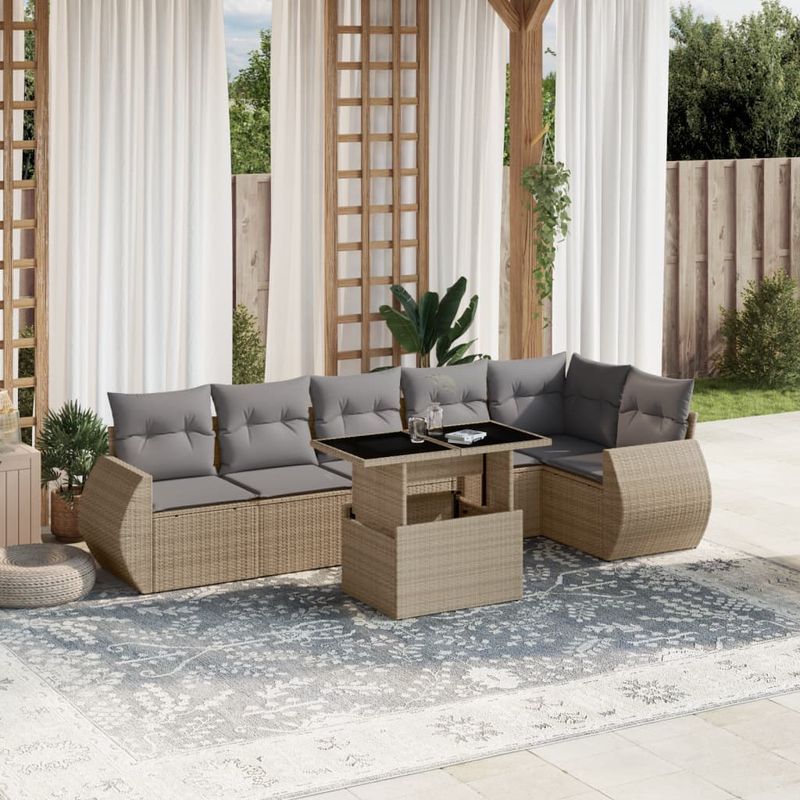 Casa si Gradina - Gradina si terasa - Mobilier exterior - Seturi mobila gradina - Set canapele de gradina, 7 piese, cu perne, bej, poliratan - Infinity.ro