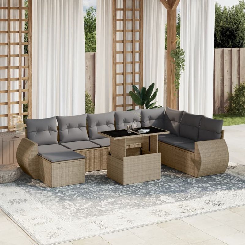Casa si Gradina - Gradina si terasa - Mobilier exterior - Seturi mobila gradina - Set canapele de gradina, 9 piese, cu perne, bej, poliratan - Infinity.ro