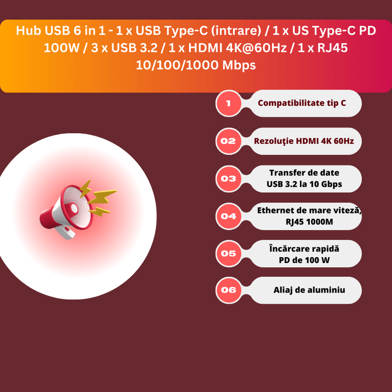 PC, gaming si accesorii - Retelistica - Hub-uri - Hub USB 6 in 1 MAROVIO®, HDMI 4K@60Hz  3 x USB 3.2 USB Type-C US Type-C PD 100W RJ45 10/100/1000 Mbps - Infinity.ro