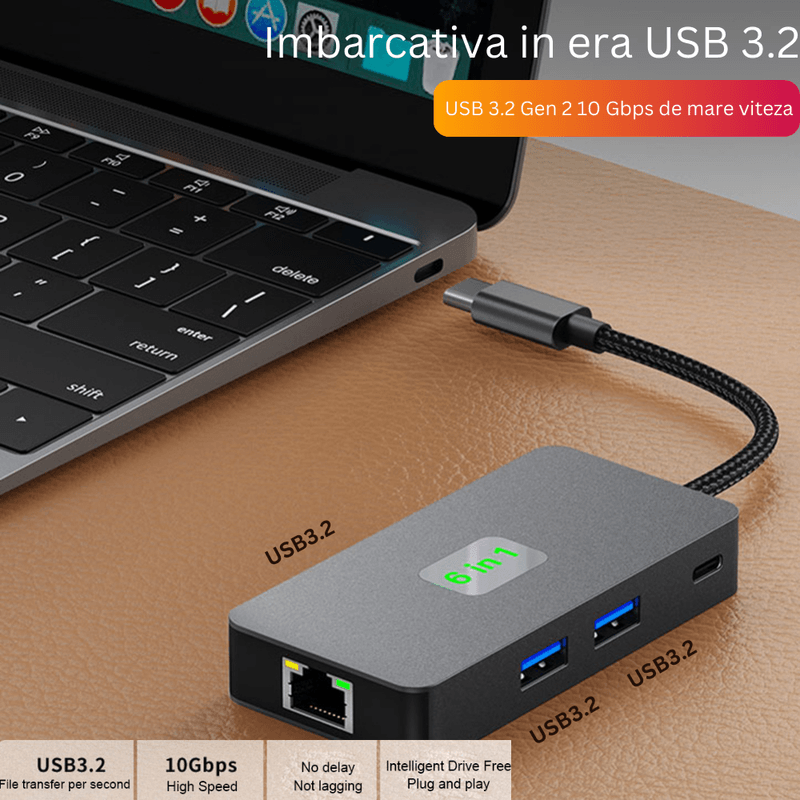 PC, gaming si accesorii - Retelistica - Hub-uri - Hub USB 6 in 1 MAROVIO®, HDMI 4K@60Hz  3 x USB 3.2 USB Type-C US Type-C PD 100W RJ45 10/100/1000 Mbps - Infinity.ro