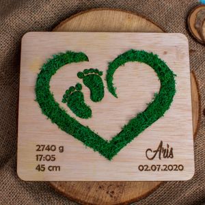 Rama Inima Personalizata cu Detaliile Nasterii HH1551 din lemn Personalizat cu Licheni 17x15 cm