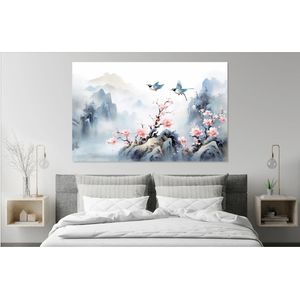 Tablou Canvas, Peisaj in Japonia, Munti, Cer, Animale, 80x50 cm, Rama lemn, Multicolor
