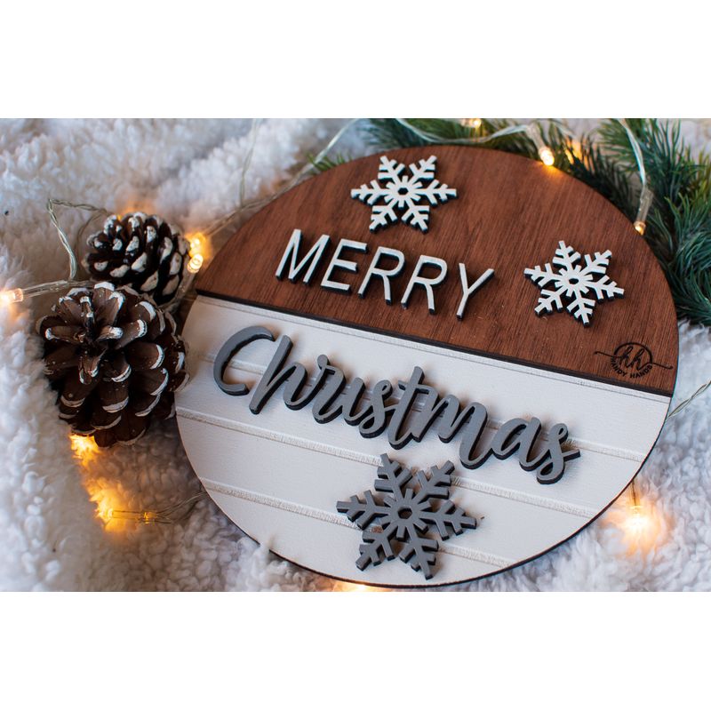 Casa si Gradina - Decoratiuni - Decoratiuni de sezon - Decor perete usa de Craciun HH924 din lemn Merry Christmas Fulgi de nea - 20 L x 20 H (cm) - Infinity.ro
