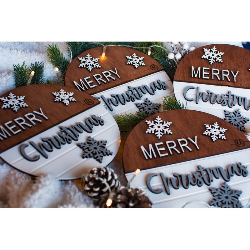 Casa si Gradina - Decoratiuni - Decoratiuni de sezon - Decor perete usa de Craciun HH924 din lemn Merry Christmas Fulgi de nea - 30 L x 30 H (cm) - Infinity.ro