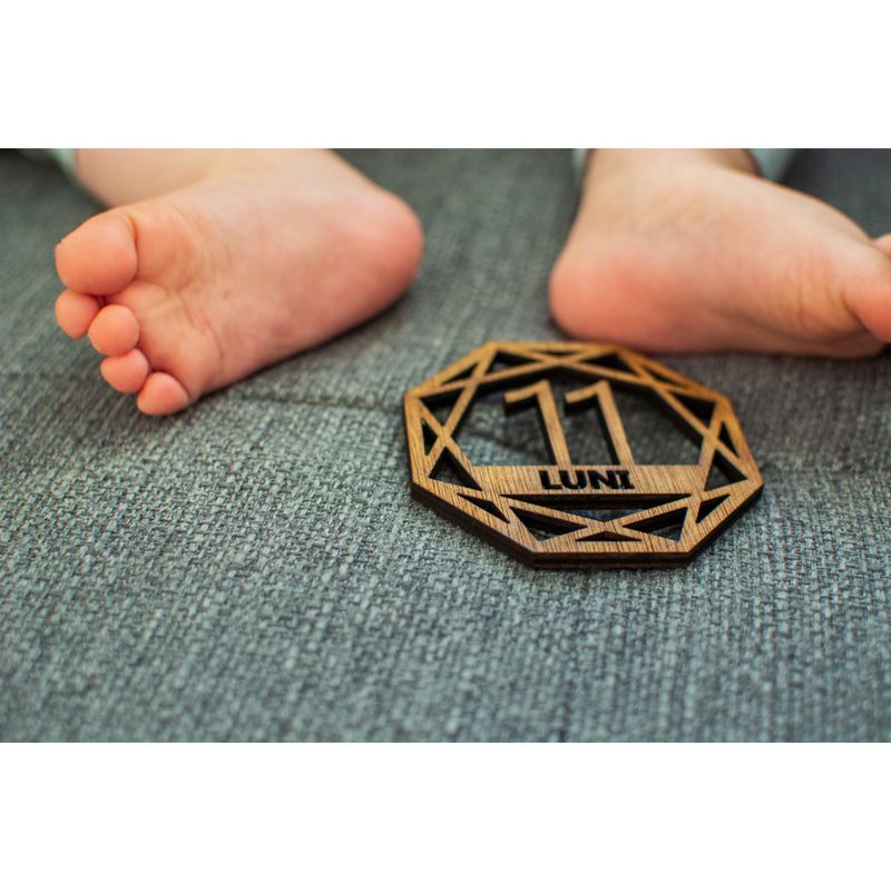 Casa si Gradina - Decoratiuni - Obiecte decorative - Decoratiuni camera copilului - Set carduri Personalizabile, HandyHands, bebe Milestone 1-12 luni din lemn - 8 L x 8 H (cm), Da - Infinity.ro