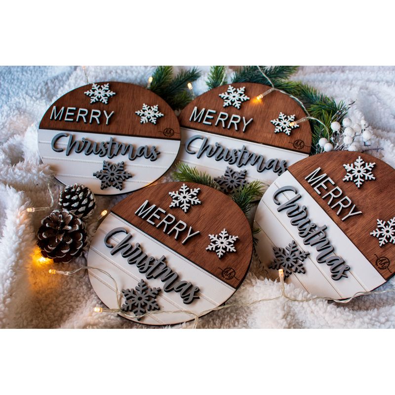 Casa si Gradina - Decoratiuni - Decoratiuni de sezon - Decor perete usa de Craciun HH924 din lemn Merry Christmas Fulgi de nea - 30 L x 30 H (cm) - Infinity.ro