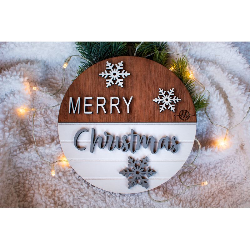Casa si Gradina - Decoratiuni - Decoratiuni de sezon - Decor perete usa de Craciun HH924 din lemn Merry Christmas Fulgi de nea - 30 L x 30 H (cm) - Infinity.ro