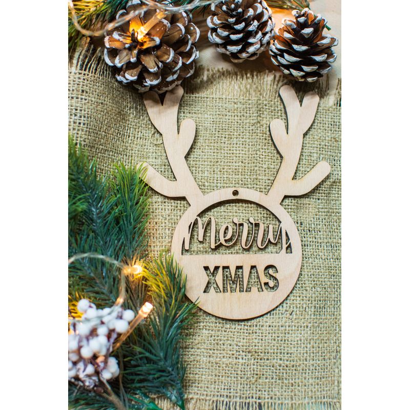 Casa si Gradina - Decoratiuni - Decoratiuni de sezon - Glob de Craciun HH885 din Lemn Model Ren cu mesaj Merry Christmas - Infinity.ro