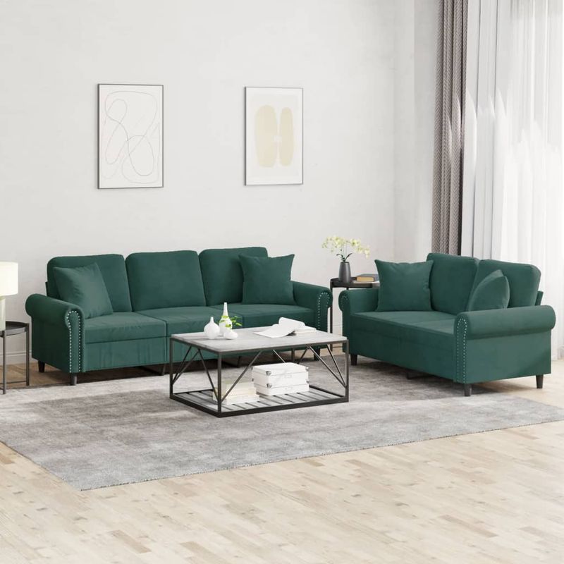 Casa si Gradina - Mobilier - Canapele si coltare - Canapele - Set canapea cu perne, 2 piese, verde inchis, catifea - Infinity.ro